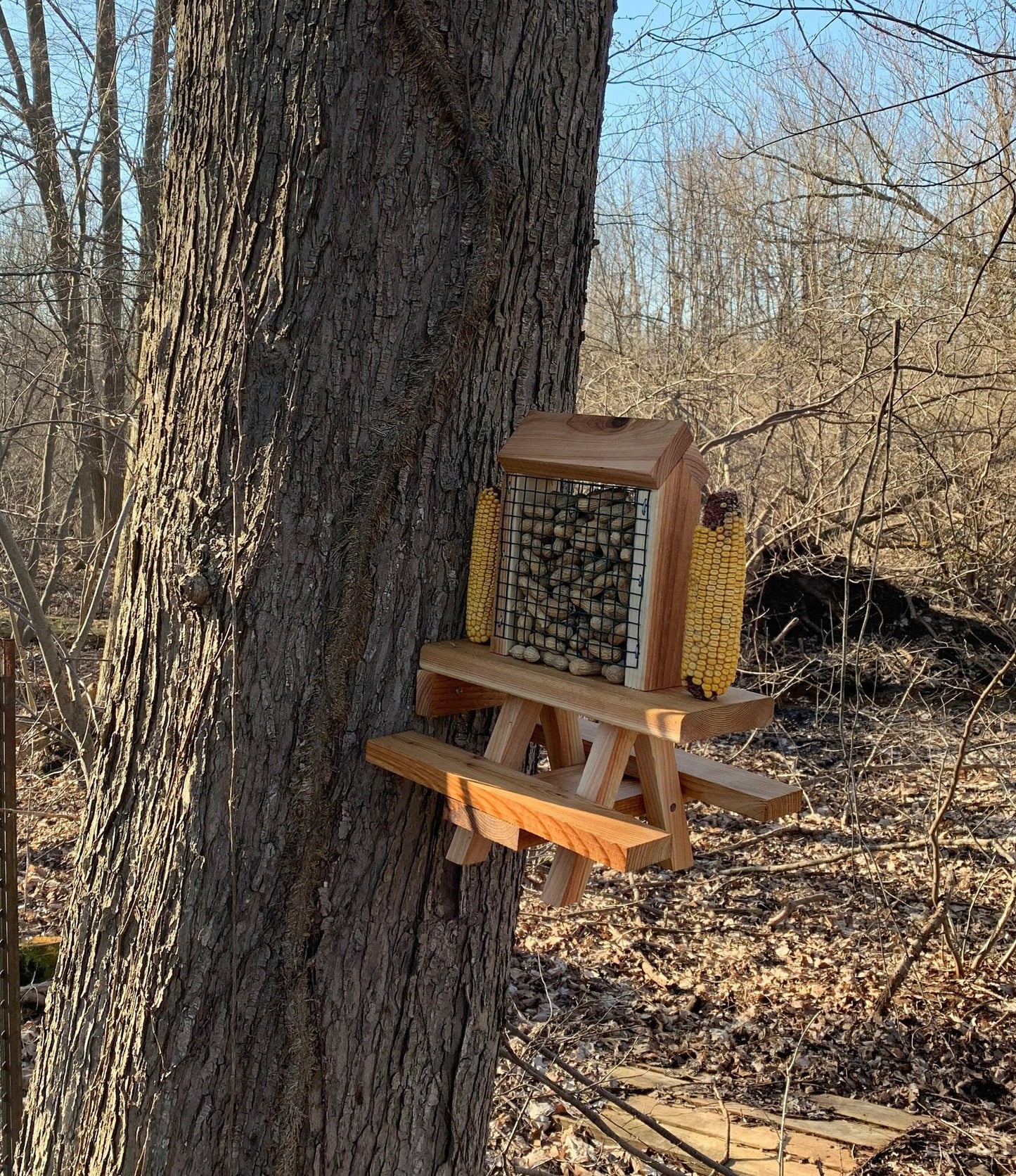 Squirrel Mini Picnic Table Peanut Feeder | Holds Peanuts and Corn on the Cob | Cedar Wood | Add On Starter Bag of Squirrel Food is Available