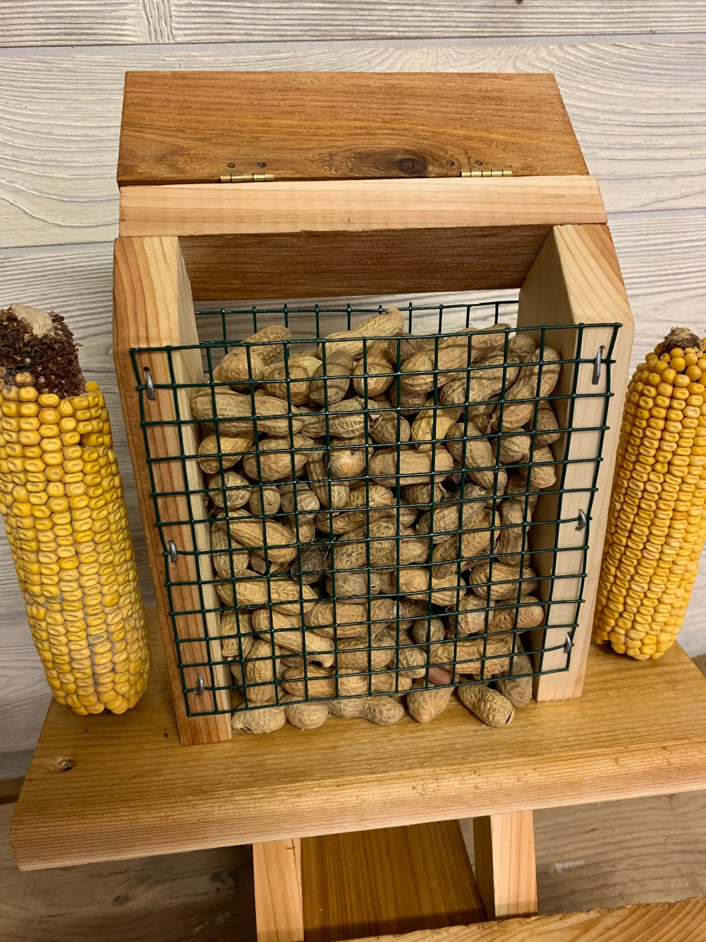 Squirrel Mini Picnic Table Peanut Feeder | Holds Peanuts and Corn on the Cob | Cedar Wood | Add On Starter Bag of Squirrel Food is Available