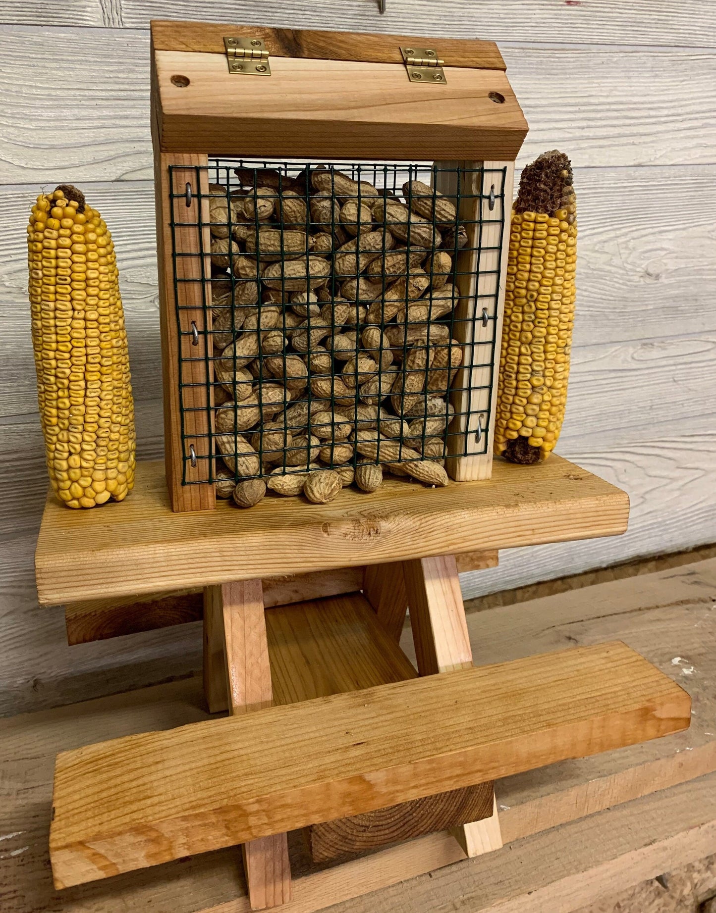 Squirrel Mini Picnic Table Peanut Feeder | Holds Peanuts and Corn on the Cob | Cedar Wood | Add On Starter Bag of Squirrel Food is Available