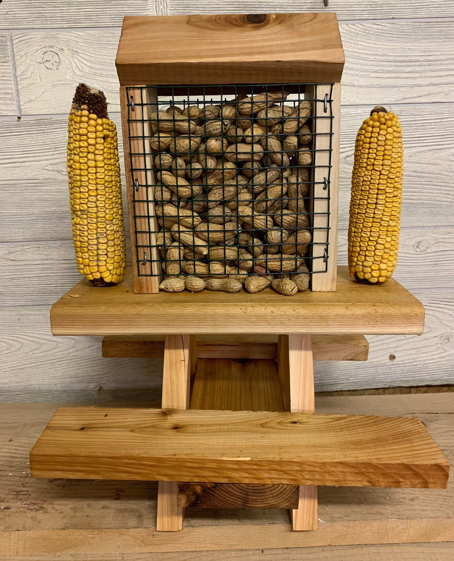 Squirrel Mini Picnic Table Peanut Feeder | Holds Peanuts and Corn on the Cob | Cedar Wood | Add On Starter Bag of Squirrel Food is Available