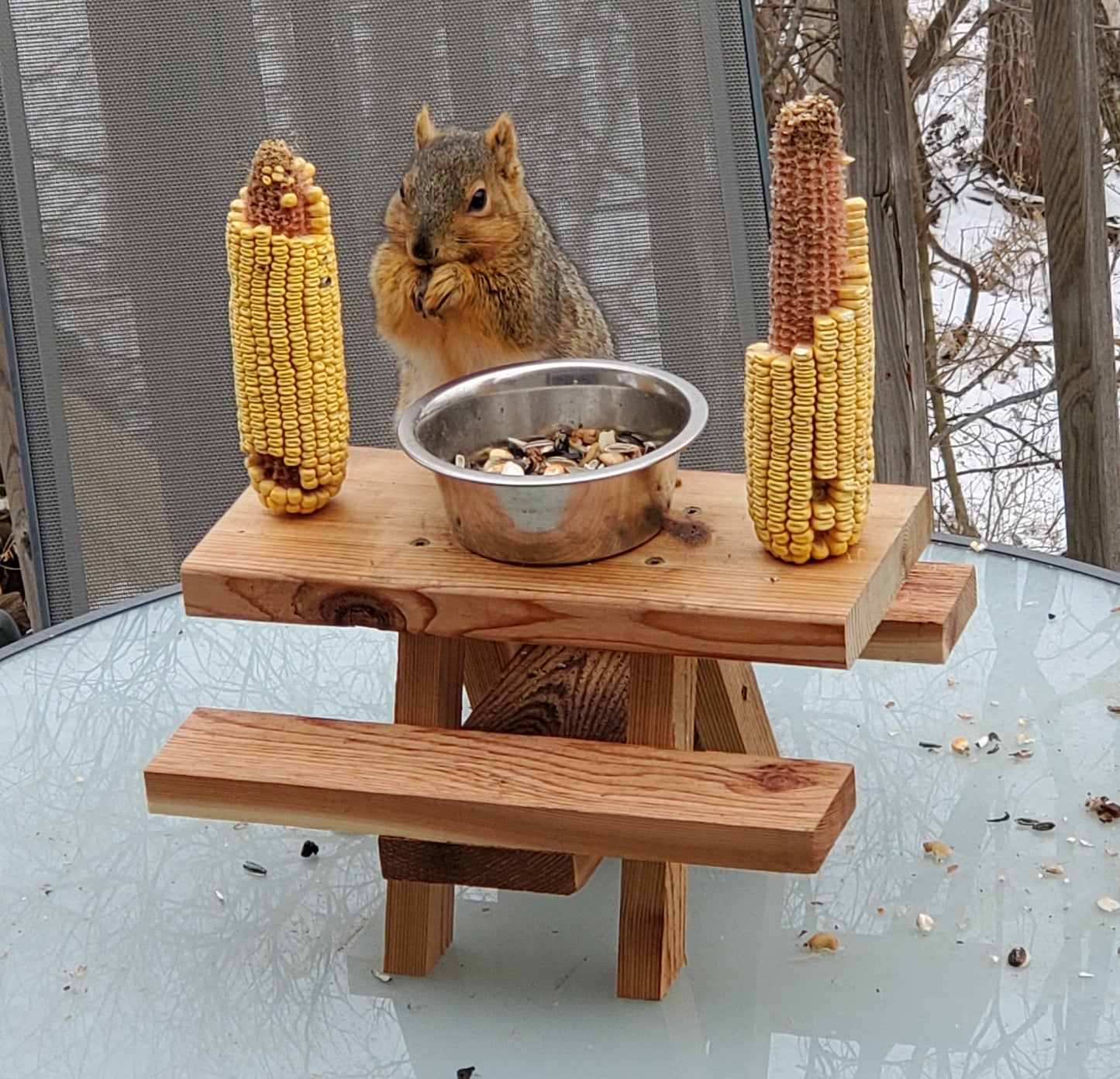 Squirrel Mini Picnic Table Feeder with Bowl | Holds Peanuts and Corn on the Cob | Cedar Wood | Add On Starter Bag of Squirrel Food Available