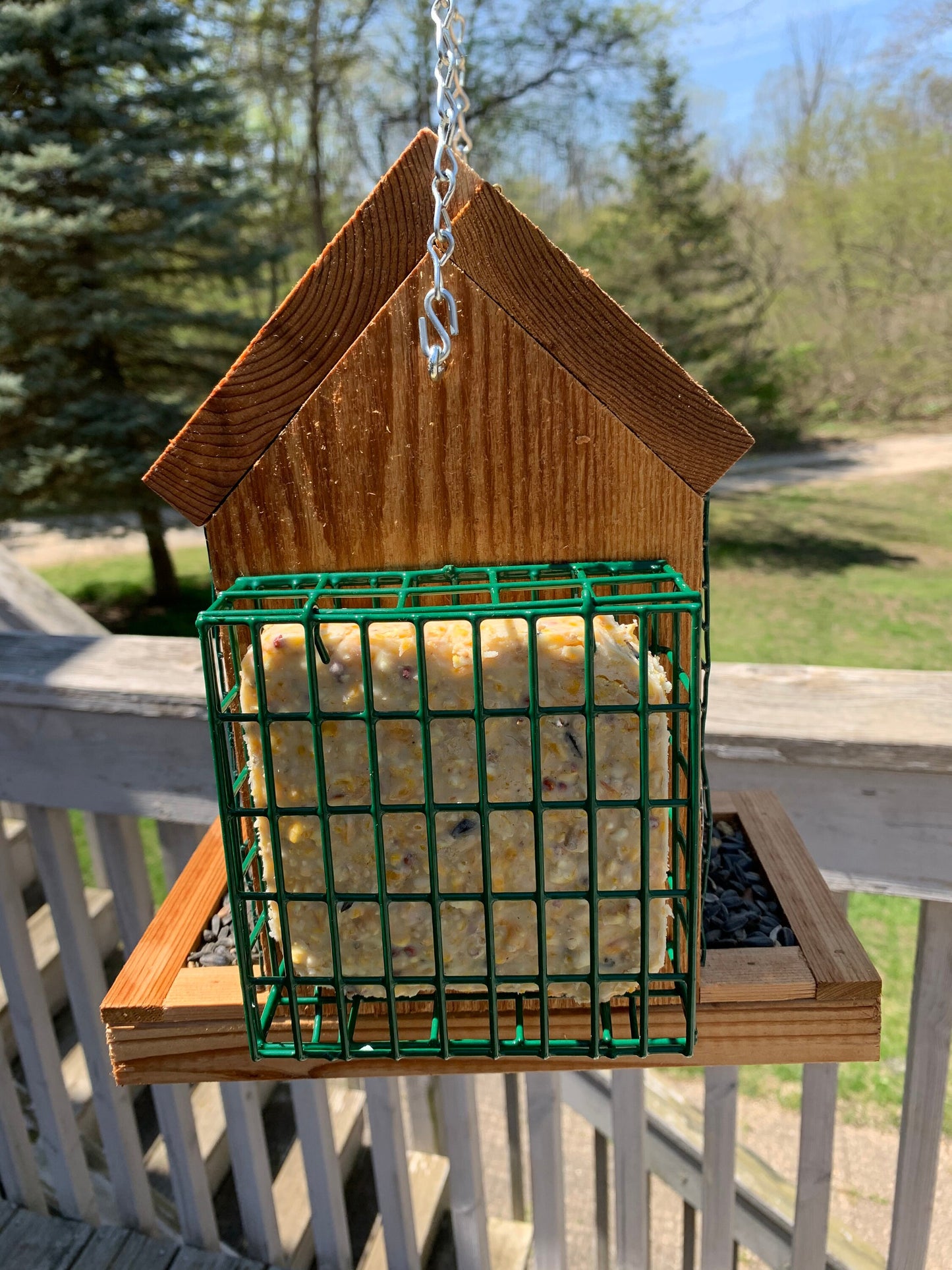 Hanging Bird Feeder with Double Suet Cake Feeders| Holds Bird Feed and Suet Cakes | Handmade from Solid Cedar Wood | FREE SHIPPING