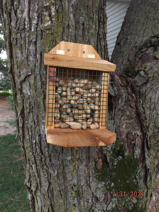 Peanut Feeder for Squirrels and Birds | Mounts on Tree, Fence, Wall or Railing | Solid Cedar Wood | Add On Starter Bag of Peanuts Available