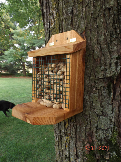 Peanut Feeder for Squirrels and Birds | Mounts on Tree, Fence, Wall or Railing | Solid Cedar Wood | Add On Starter Bag of Peanuts Available