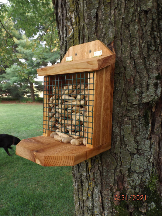 Peanut Feeder for Squirrels and Birds | Mounts on Tree, Fence, Wall or Railing | Solid Cedar Wood | Add On Starter Bag of Peanuts Available