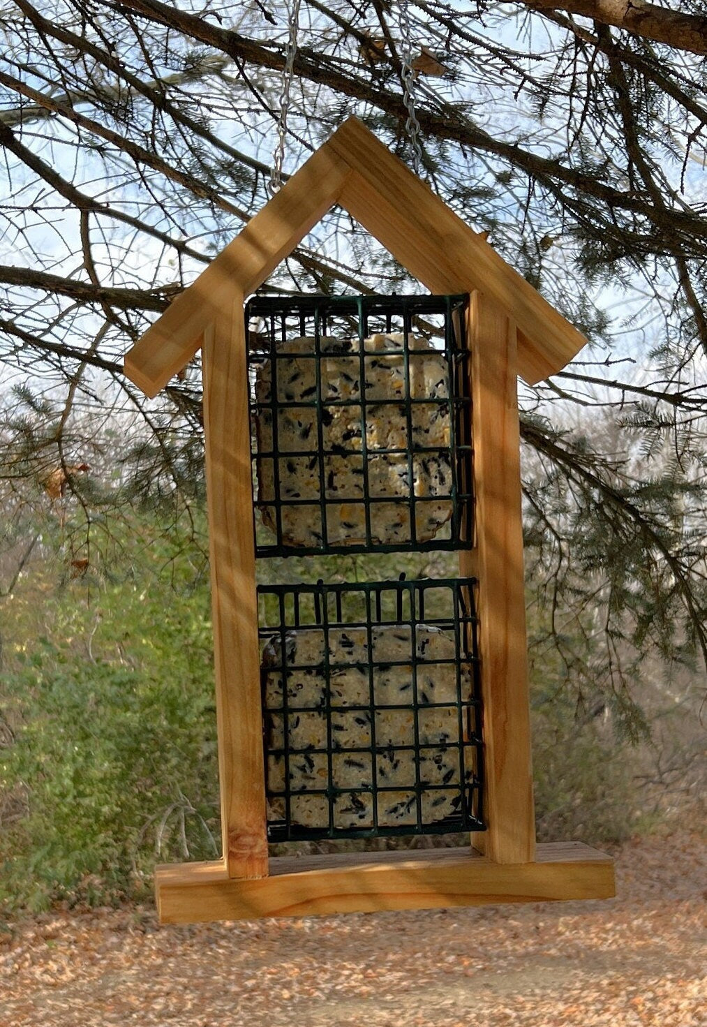 Suet Bird Feeder, Hanging Bird House Design, Double Holds Two Suet Cakes, Woodpecker Feeder, Handmade from Solid Cedar Wood, FREE Shipping